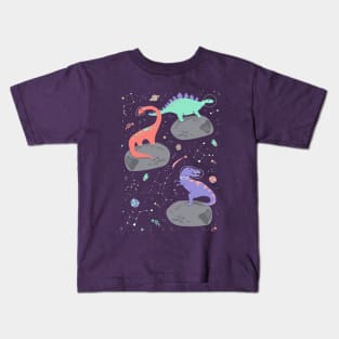 Dinosaurs Floating on an Asteroid in Purple Kids T-Shirt